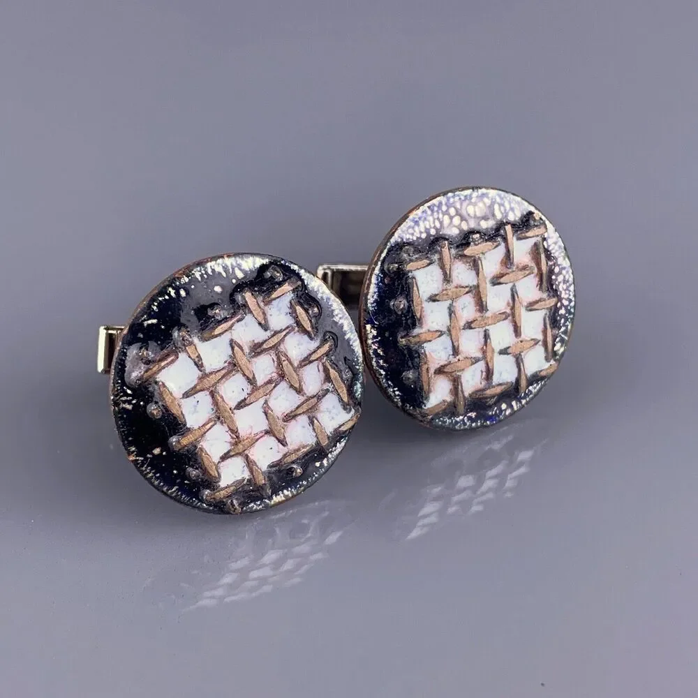Brutalist Copper Grid Lattice Cufflinks Black White Enamel Mid Century Vintage